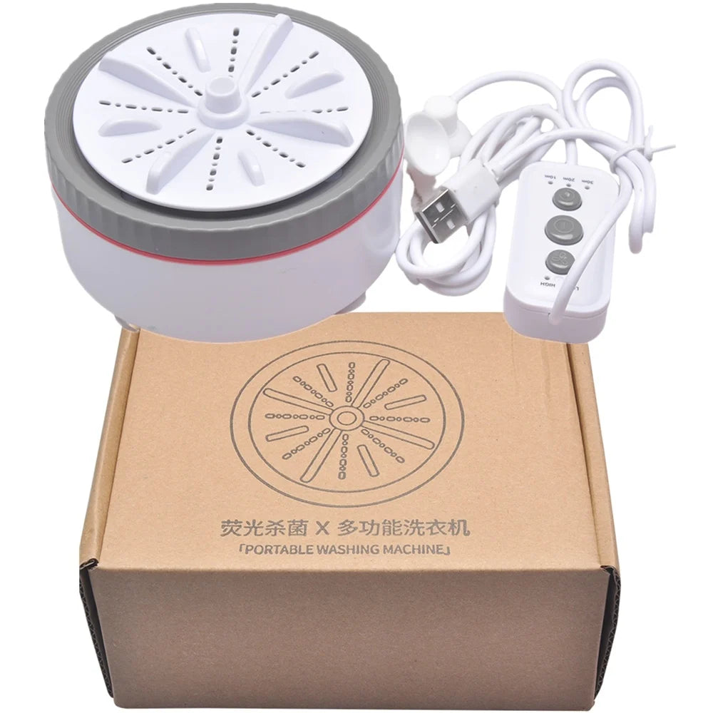 Tidesmit portable ultrasonic mini washing machine and fruit dishwasher showing remote control and rotating turbo unit