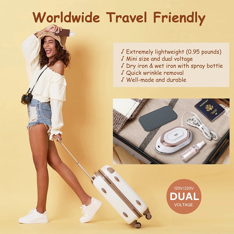Tidesmit mini handheld travel iron showing dual voltage 120V-220V settings and compact dry heat plate design