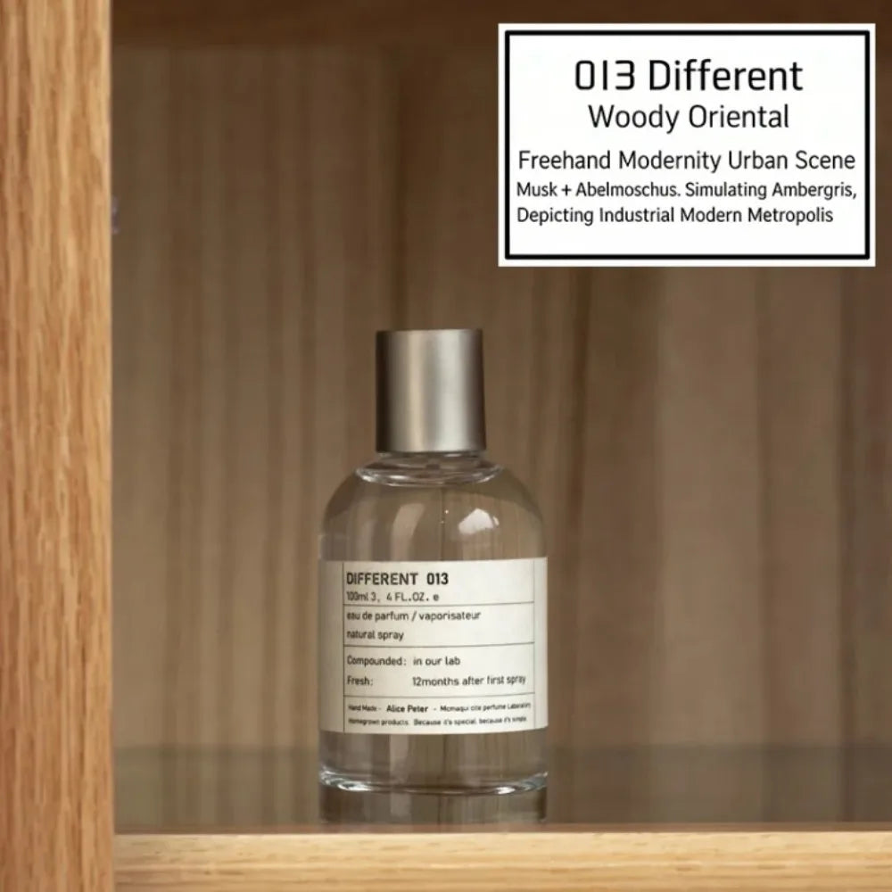 013 Different Unisex Eau de Parfum: Woody Oriental 100ml spray bottle with musk and ambergris notes.