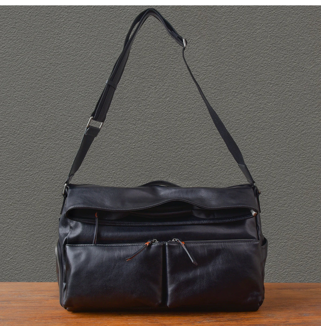 Retro Designer Men New Black Cowskin Genuine Leather Travel Bag Big Capacity Casual Tote Handbag Single Shoulder Crossbody Bag