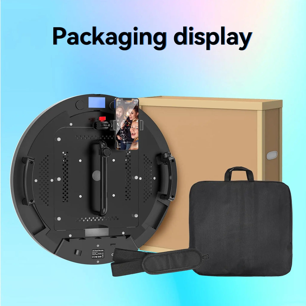 Round LED ring light with phone holder, storage box, black carry bag, and shoulder strap for photography and video.