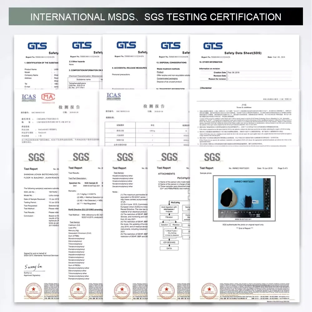 Grid of international safety and testing certificates (MSDS and SGS) for Nagaraku eyelash extensions.