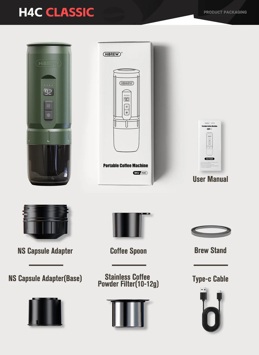 HiBREW H4C Classic portable espresso coffee maker set in olive green with capsule adapter, filter, and accessories.