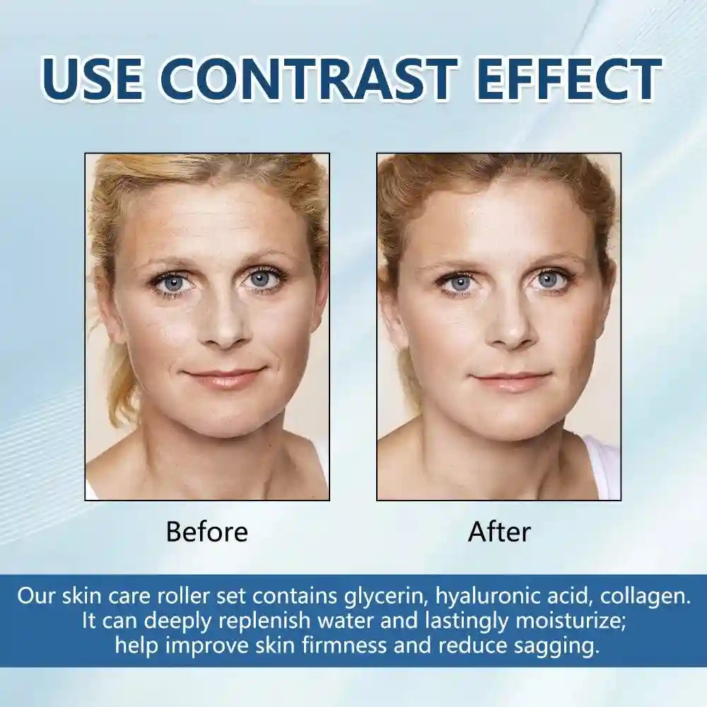 Before and after comparison of Skincare Roller Essence Set for firming, anti-sagging, hydration, and skin smoothing.