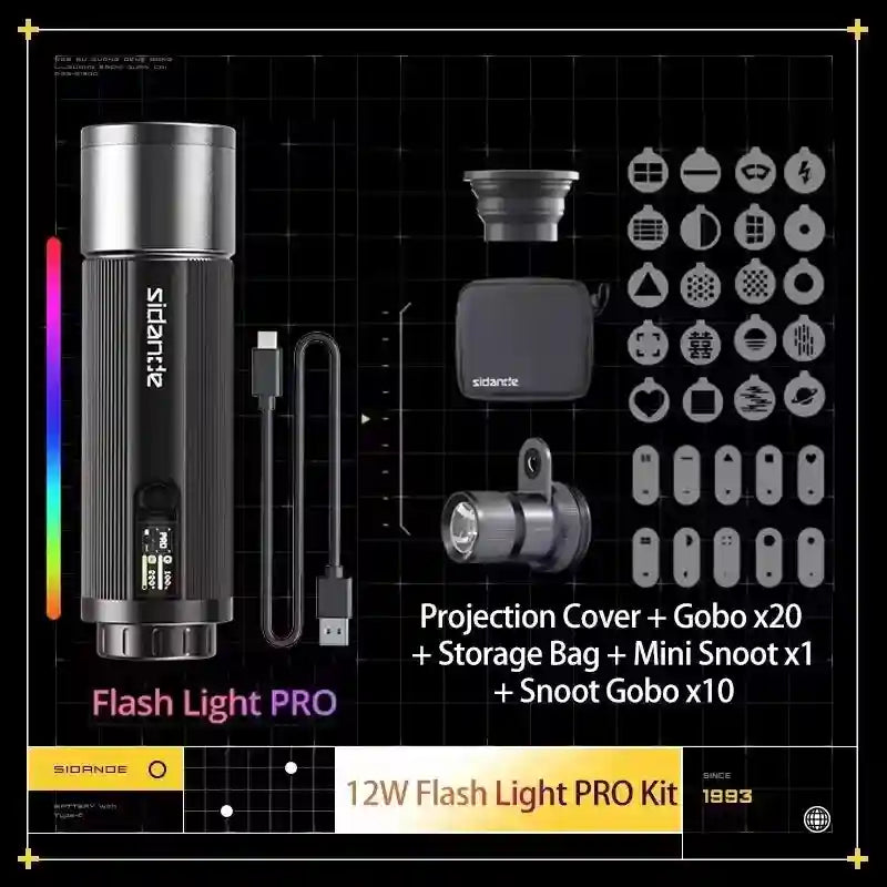 12W Flash Light PRO kit with black metal cylinder light, charging cable, storage bag, mini snoot, and 30 gobo inserts.
