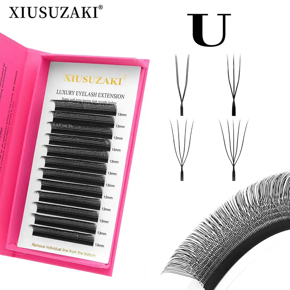 Black U-curl eyelash extensions in a pink storage case, featuring multi-strand synthetic lash fans for application.