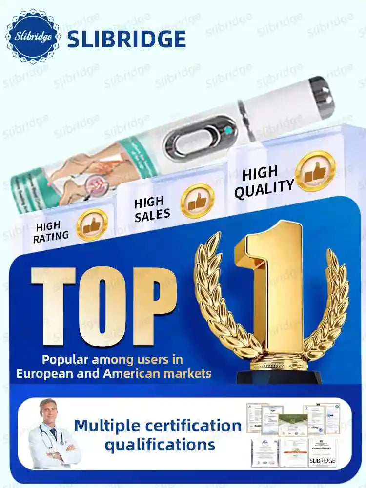White and blue laser pen device with graphics showing leg therapy, top-rated badges, and certification documents.