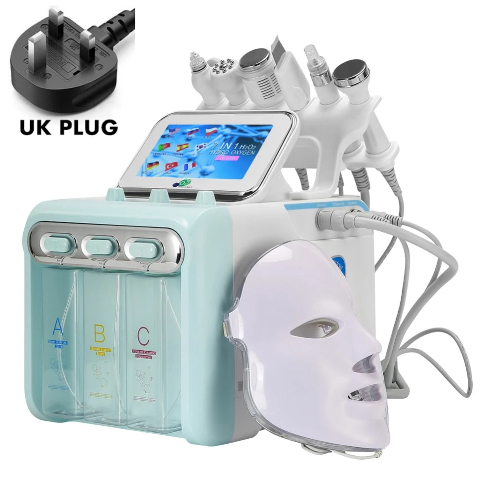 7-in-1 hydro oxygen facial machine with touch screen, multiple treatment wands, fluid bottles, and a light therapy mask.