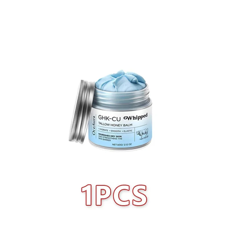 Whipped honey balm jar with silver lid, blue cream balm