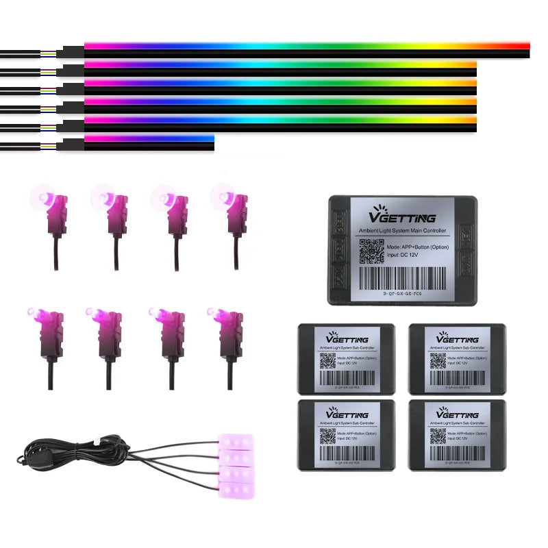 RGB LED ambient light kit with linear strips, small round nodes, five controller boxes, and wiring for vehicle interior.