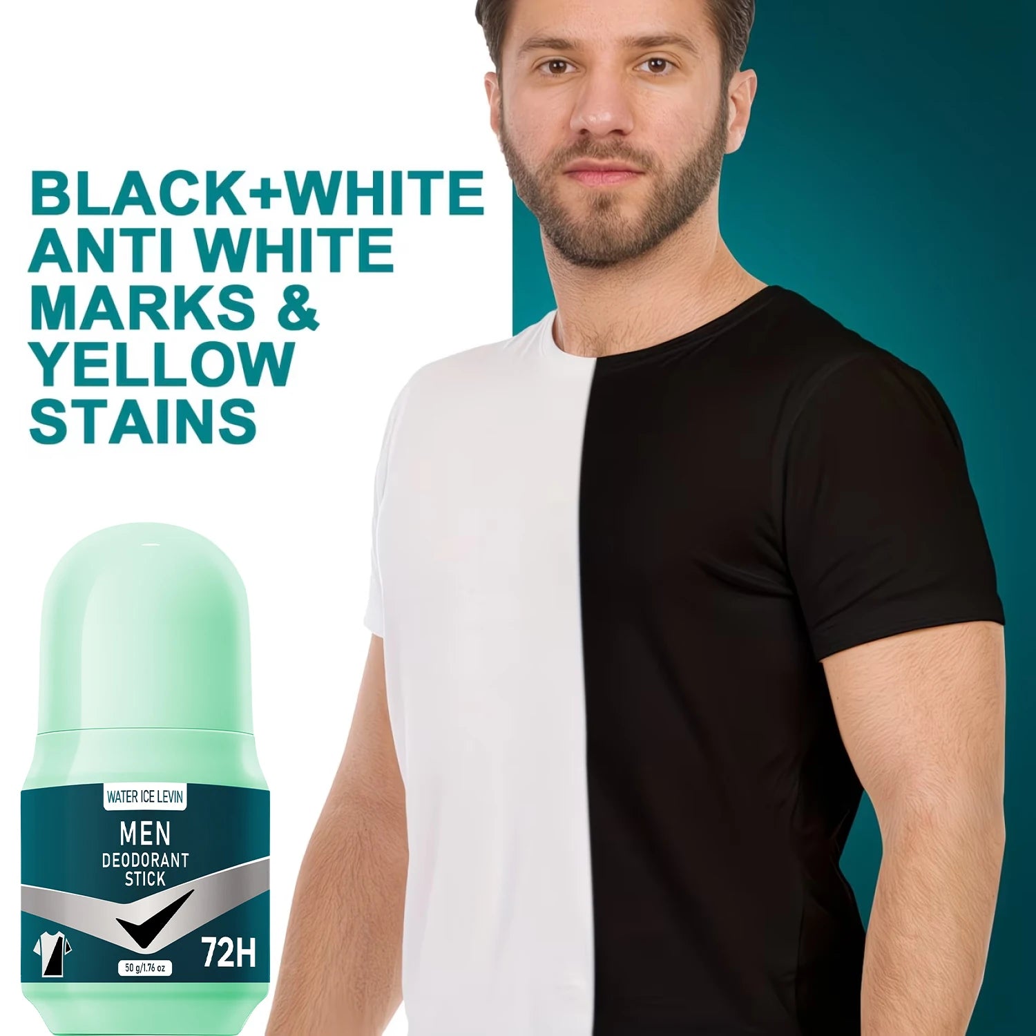 Water Ice Levin men's deodorant stick in mint green bottle, prevents white marks and yellow stains on clothing.