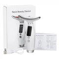 White T-shaped LED neck beauty massager with digital display, shown with its product box, manual, and USB cable.