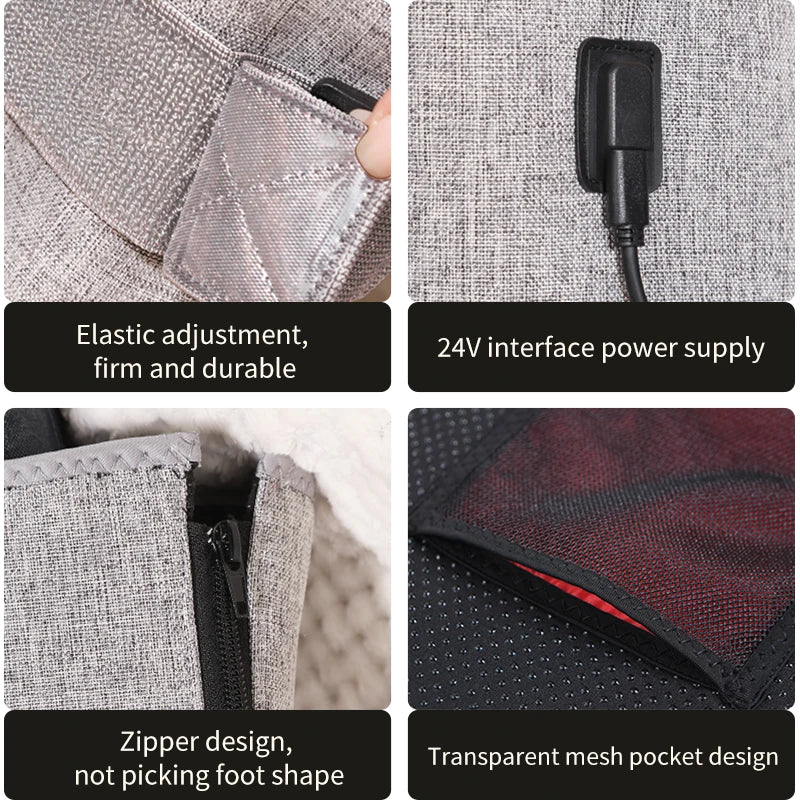 Grey heated foot massager with elastic straps, 24V power, zipper closure, and red light therapy mesh pocket design.