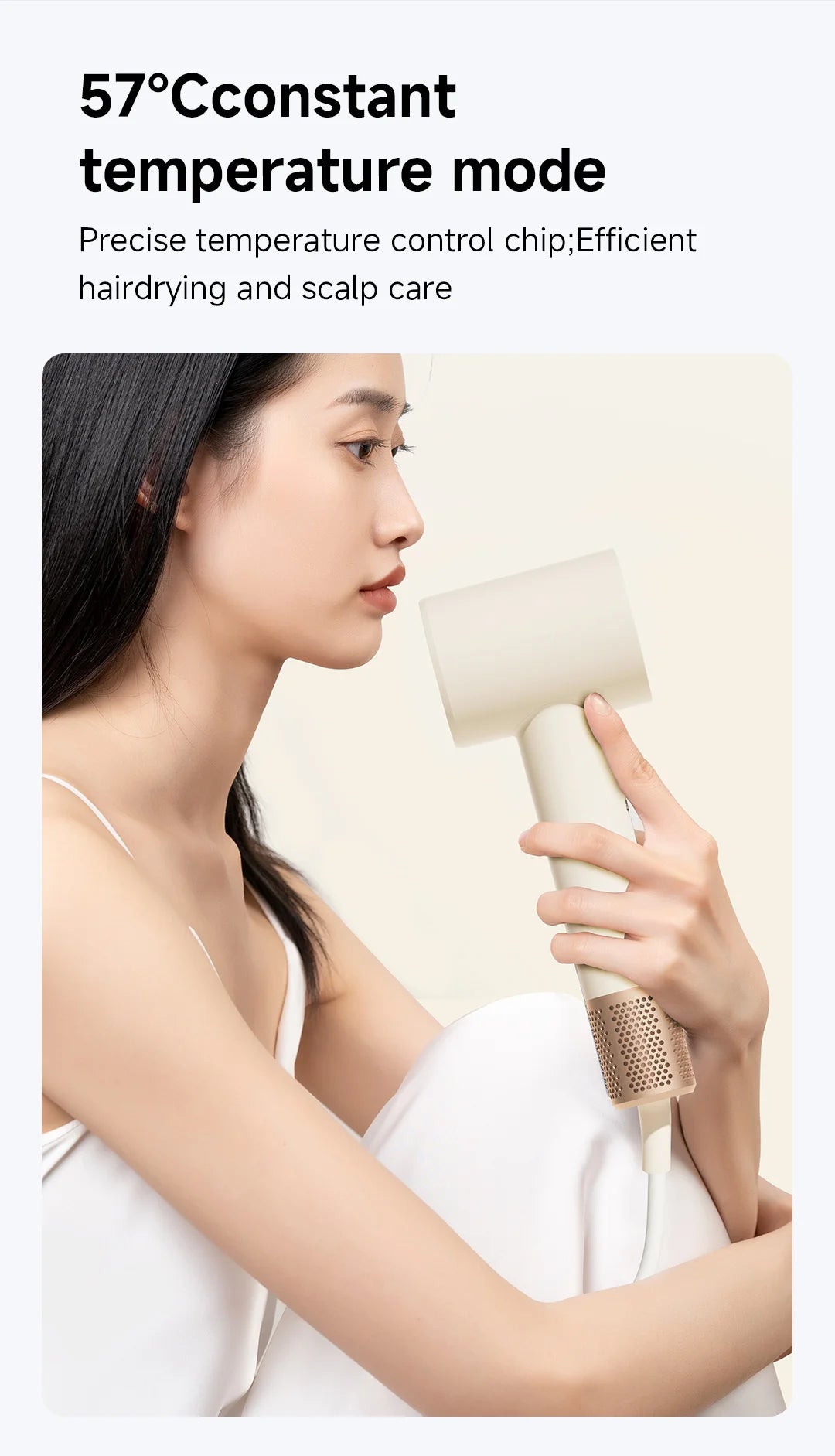DOCO high-speed hair dryer in beige with gold handle, featuring 57°C constant temp for professional hair care.
