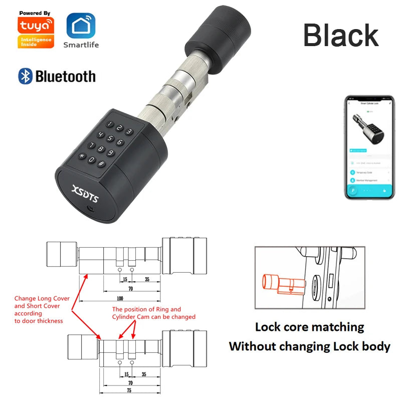 Fingerprint Door Lock: Smart Keyless Entry & App-Controlled Security Black Suitable 35-100mm Tidesmit