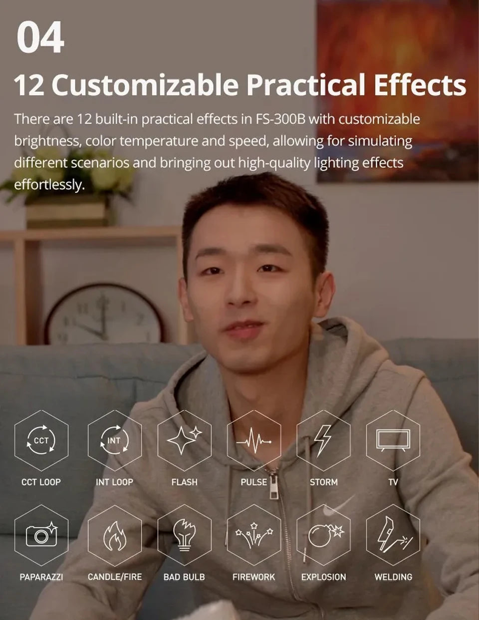 FS-300B LED video light menu showing 12 customizable lighting effect icons for simulating scenarios like fire or storm.
