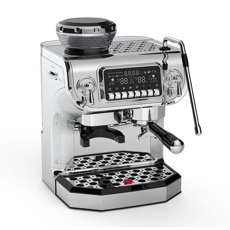 Chrome espresso machine with built-in grinder, digital touchscreen display, and steam wand on a white background.