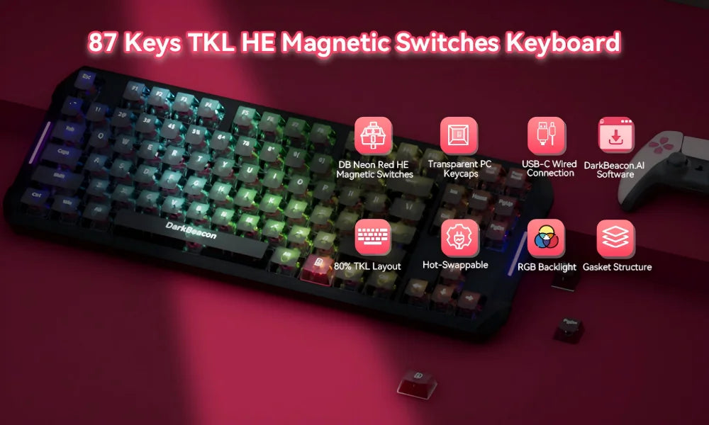 DarkBeacon Flux 87 Hall Effect Gaming Keyboard Wired, 80% Layout PC MAC Esports Keyboards, Red HE Magnetic Switch, 0.01mm Rapid Trigger, Adjustable Actuation, 8000Hz Polling, Hot Swappable, RGB Backlit, RS/SOCD/DKS/MT