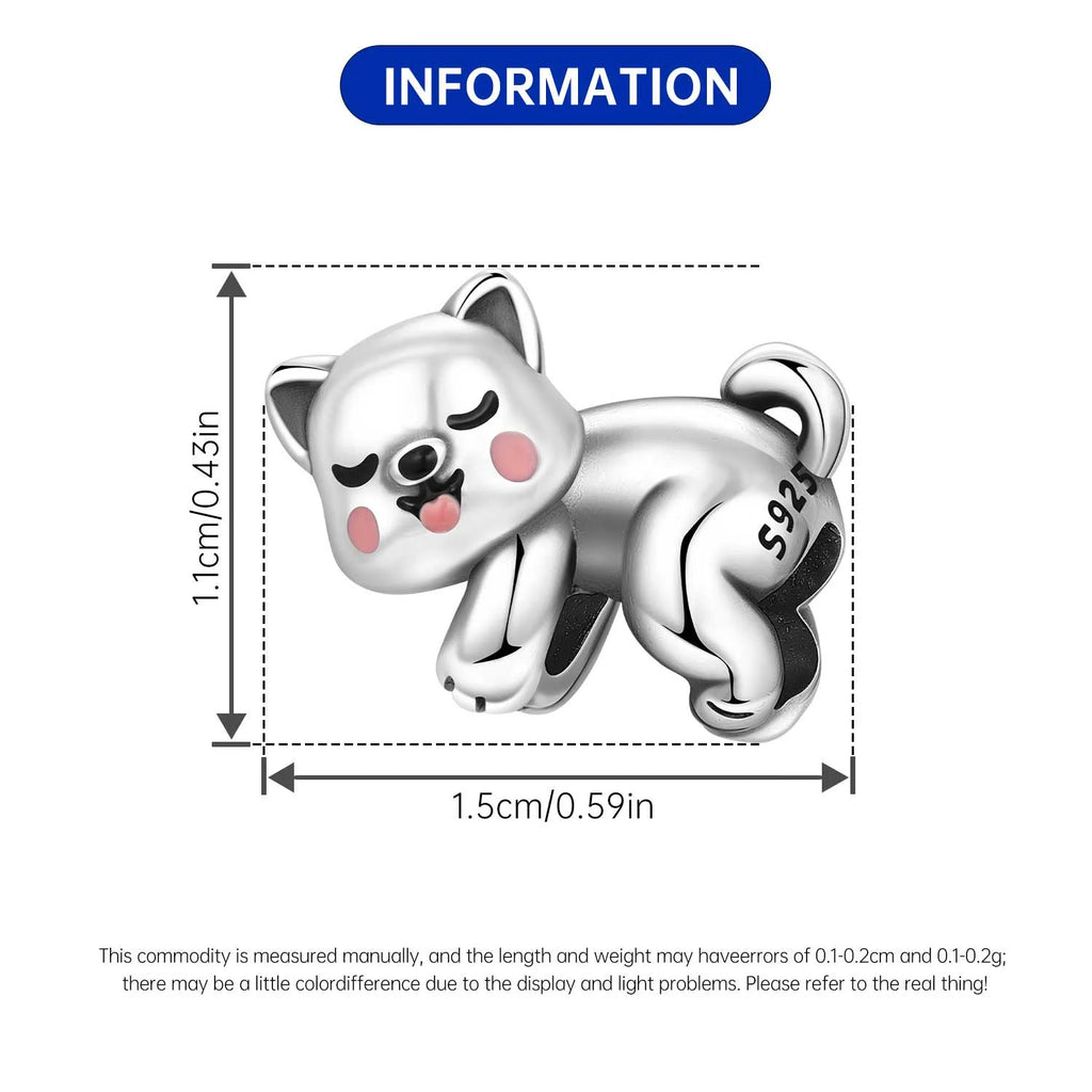Cute 925 sterling silver dog charm bead for bracelets. Trendy pet-themed DIY jewelry gift, 1.5cm x 1.1cm.