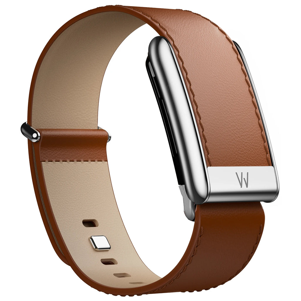 Compatible with Whoop 5.0 Fitness Tracker, featuring a top-layer cowhide leather buckle strap with a bright silver metal U-shape
