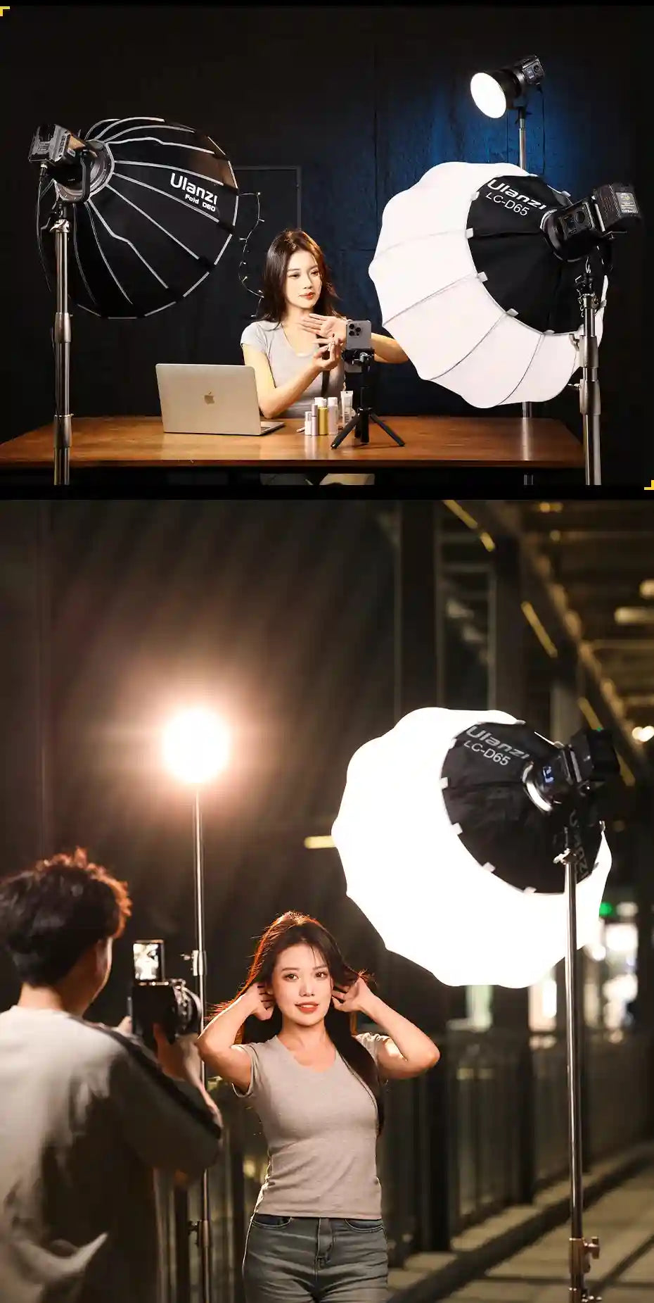 Black and white, collapsible, 16-sided parabolic softboxes on light stands used for professional studio lighting.