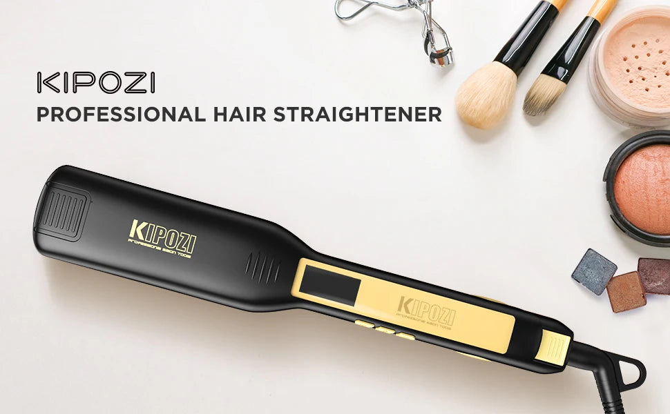 KIPOZI black and gold titanium flat iron hair straightener with digital LCD display on a white vanity background.