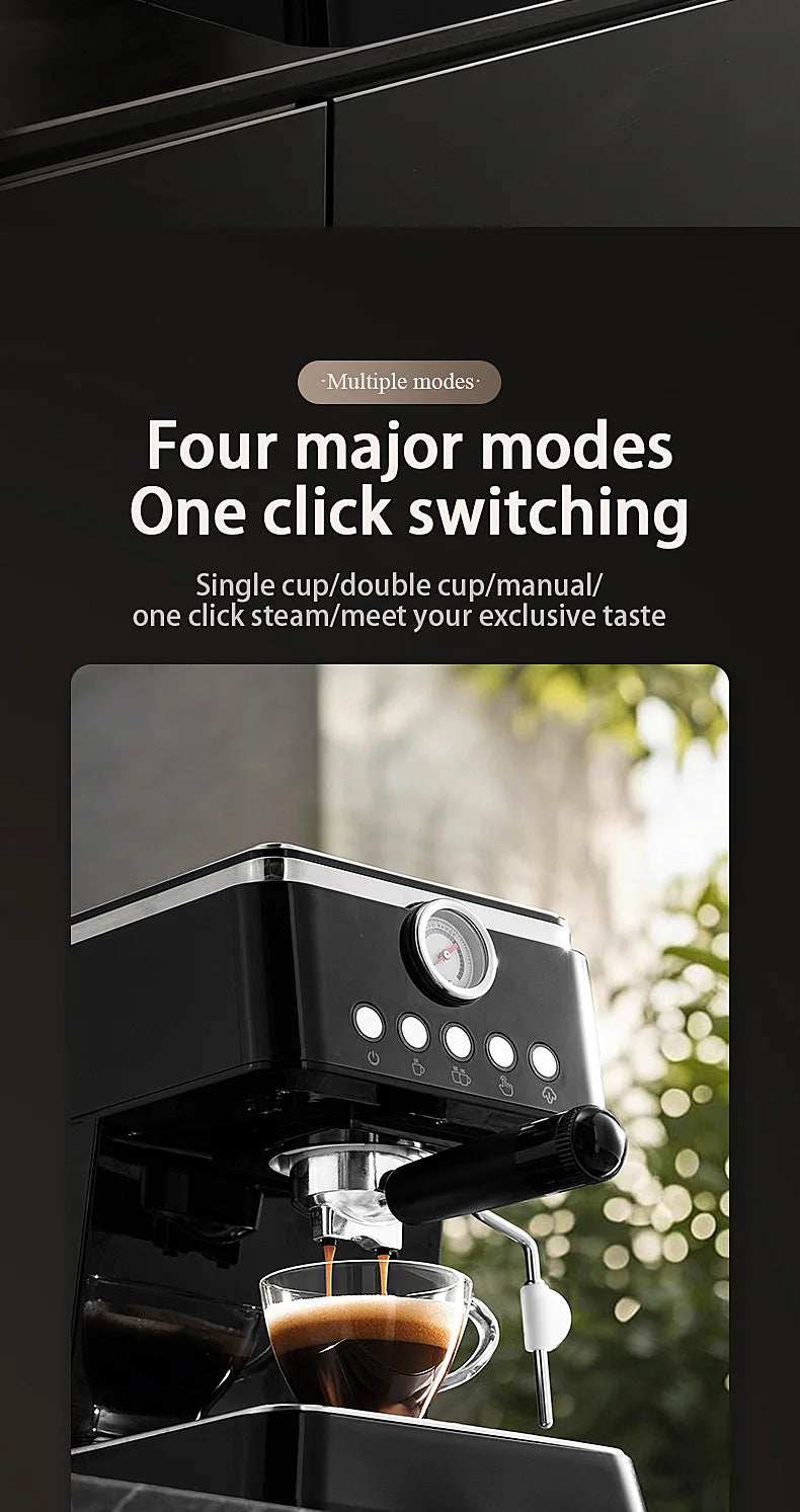 Black stainless steel espresso machine with pressure gauge, steam wand, and four brewing modes for single or double.