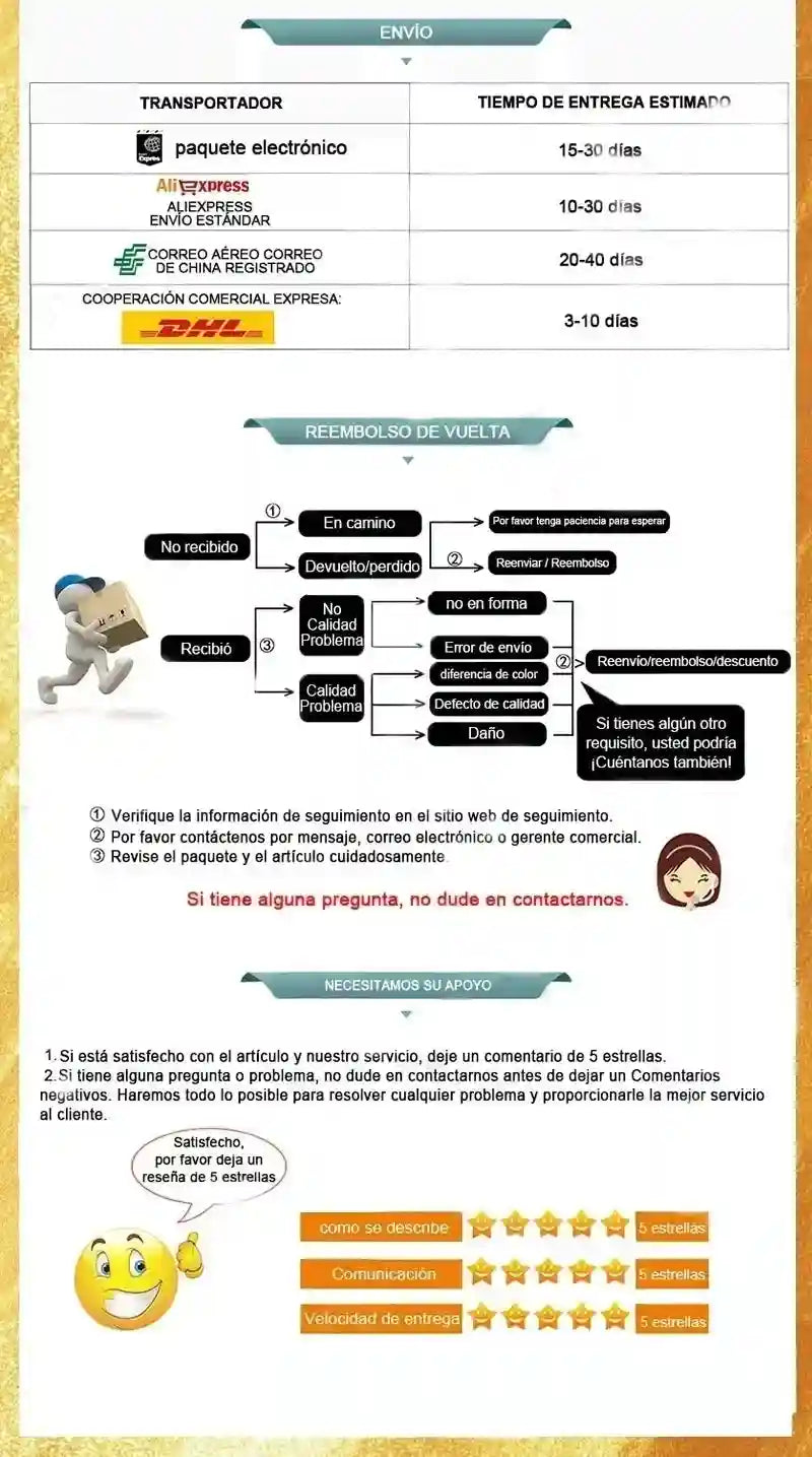 Informative chart in Spanish detailing shipping methods, refund policies, and a 5-star customer review guide.