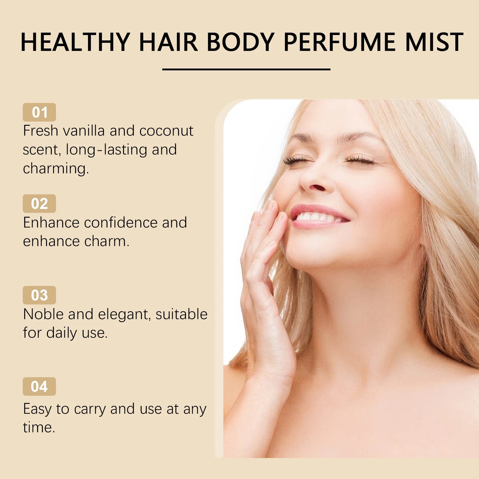 Vanilla Coconut healthy hair and body perfume mist. Long-lasting, romantic, travel-friendly scent for women.