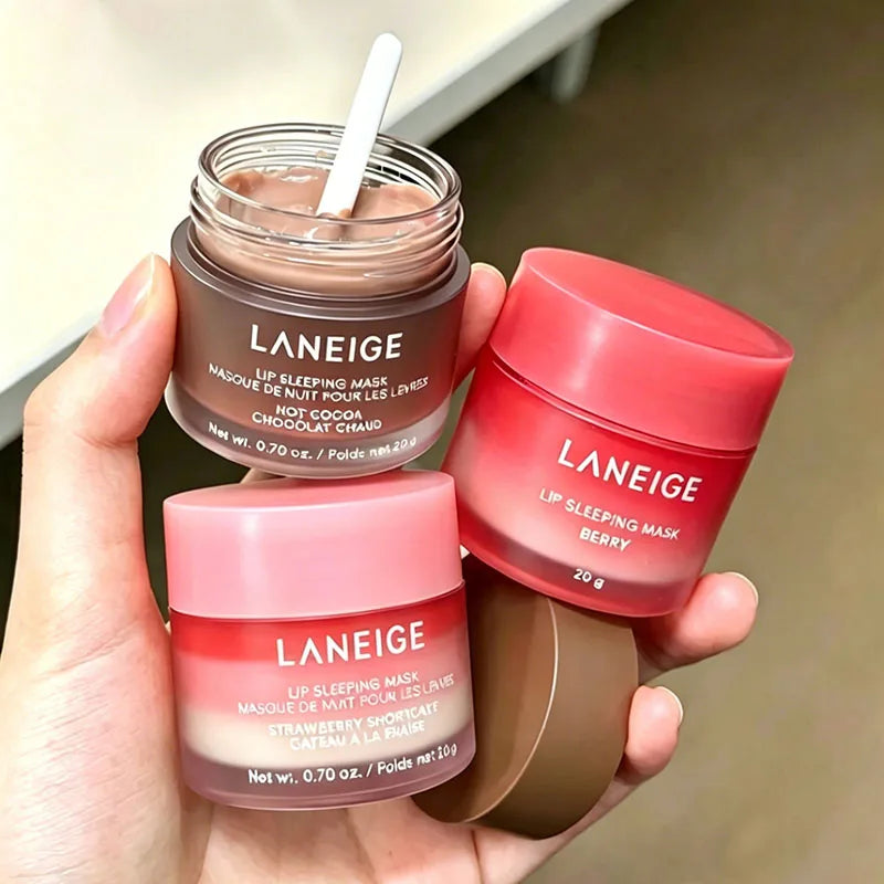 Laneige Lip Sleeping Mask trio in Hot Cocoa, Berry, and Strawberry Shortcake with creamy, moisturizing lip treatment balm.