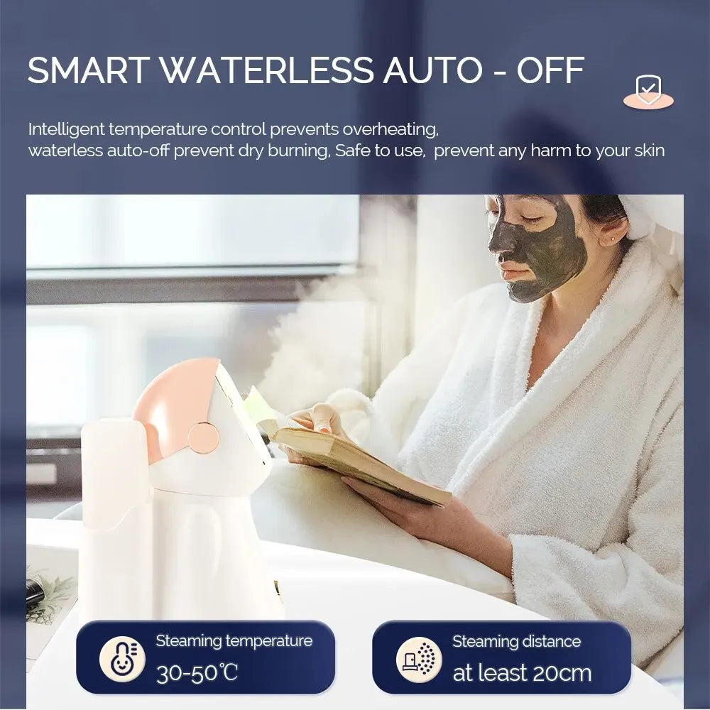 White and peach astronaut-shaped facial steamer for home skin hydration while a woman uses a face mask.
