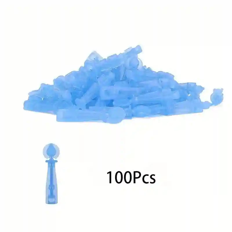 A pile of 100 blue, disposable plastic acne needle tools, with one single tool shown isolated next to the text "100Pcs".