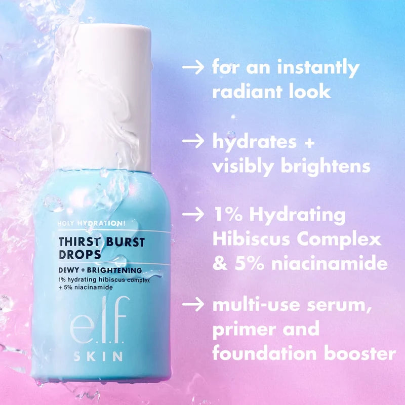 e.l.f. Skin Thirst Burst Drops serum bottle with hydrating water splash effect on a blue and pink gradient background.