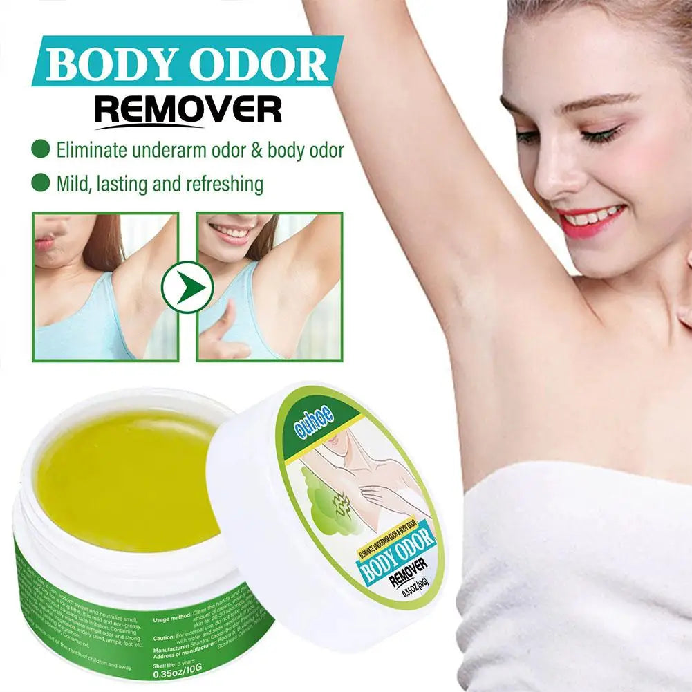 Natural extract underarm deodorant cream in a white jar with a smooth, lime-green balm texture for odor removal.