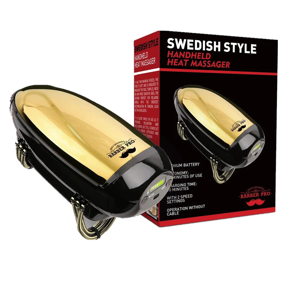 Handheld heat massager with black and gold finish, featuring a strap handle for massage and tension relief.