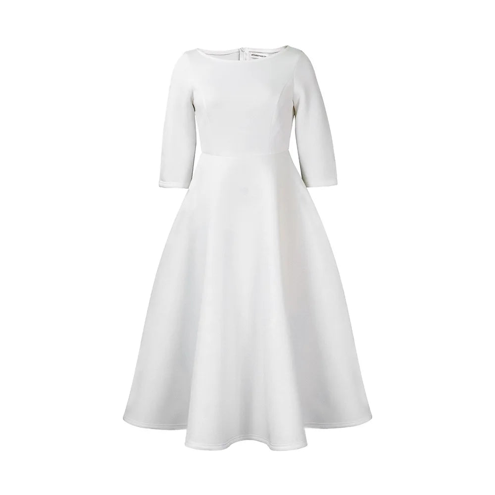 Elegant Pure Color Maxi Dress Evening Gown A- Line Skirt Polyester Fabric round Neck Short Sleeve High Waist Midi Dress
