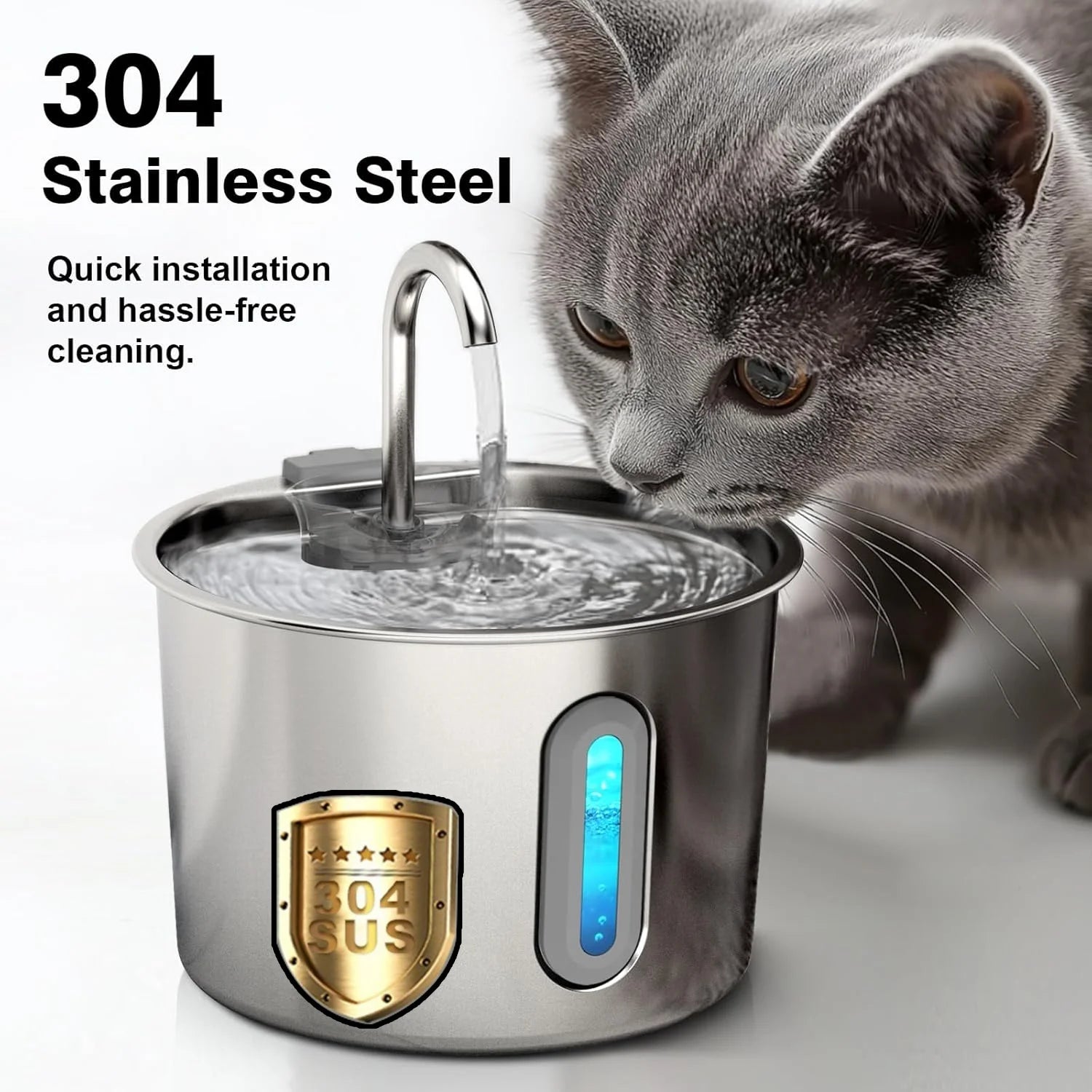 Cat drinking from a 2.2L stainless steel automatic water fountain with a filtered system for healthy pet hydration.