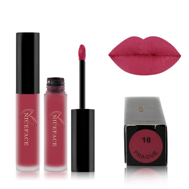 Niceface waterproof matte liquid lipstick in Prague, a rich berry-pink shade with a long-lasting velvet finish.