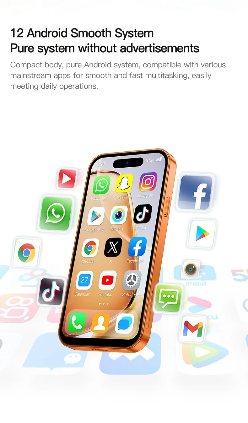 ONEMYTH A18 Pro 4-inch mini smartphone in gold, showing Android home screen with app icons in a floating angle view.