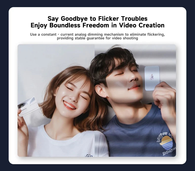 Young couple holding thin, rectangular white LED light panels for flicker-free video lighting.