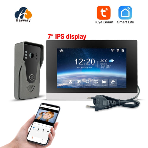 7-inch video intercom monitor with Wi-Fi door unit and smartphone app preview, black