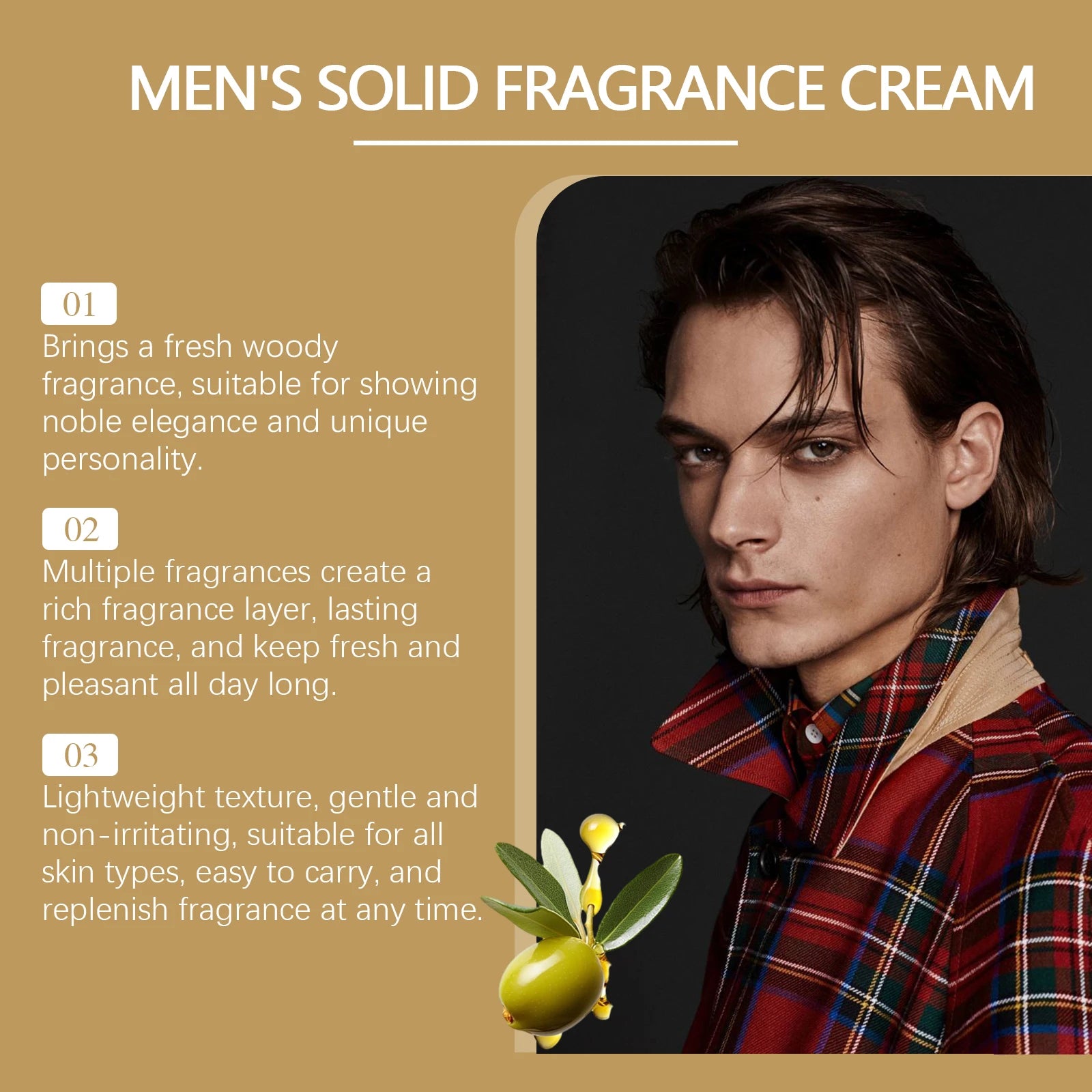 3Scents Men's Solid Cologne: Long-lasting woody pheromone fragrance balm in a portable, skin-friendly cream formula.