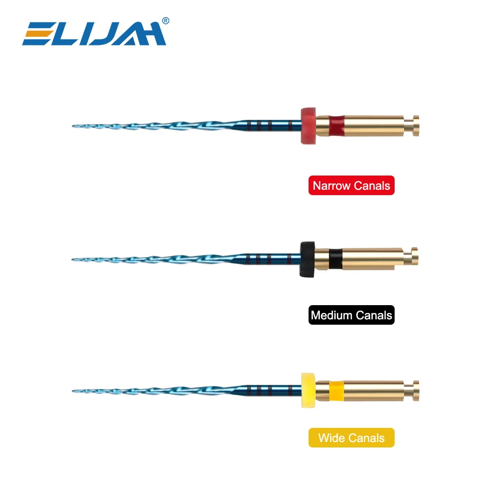 Blue NiTi dental reciprocating files for root canal therapy, featuring size-coded stops for narrow to wide canals.