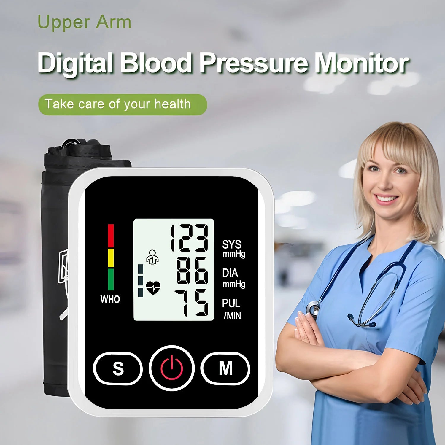 Upper Arm Blood Pressure Monitor Heart Rate Health Blood Pressure Detector Arm Cuff Digital BP Meter Pluse Automatic Tensiometer
