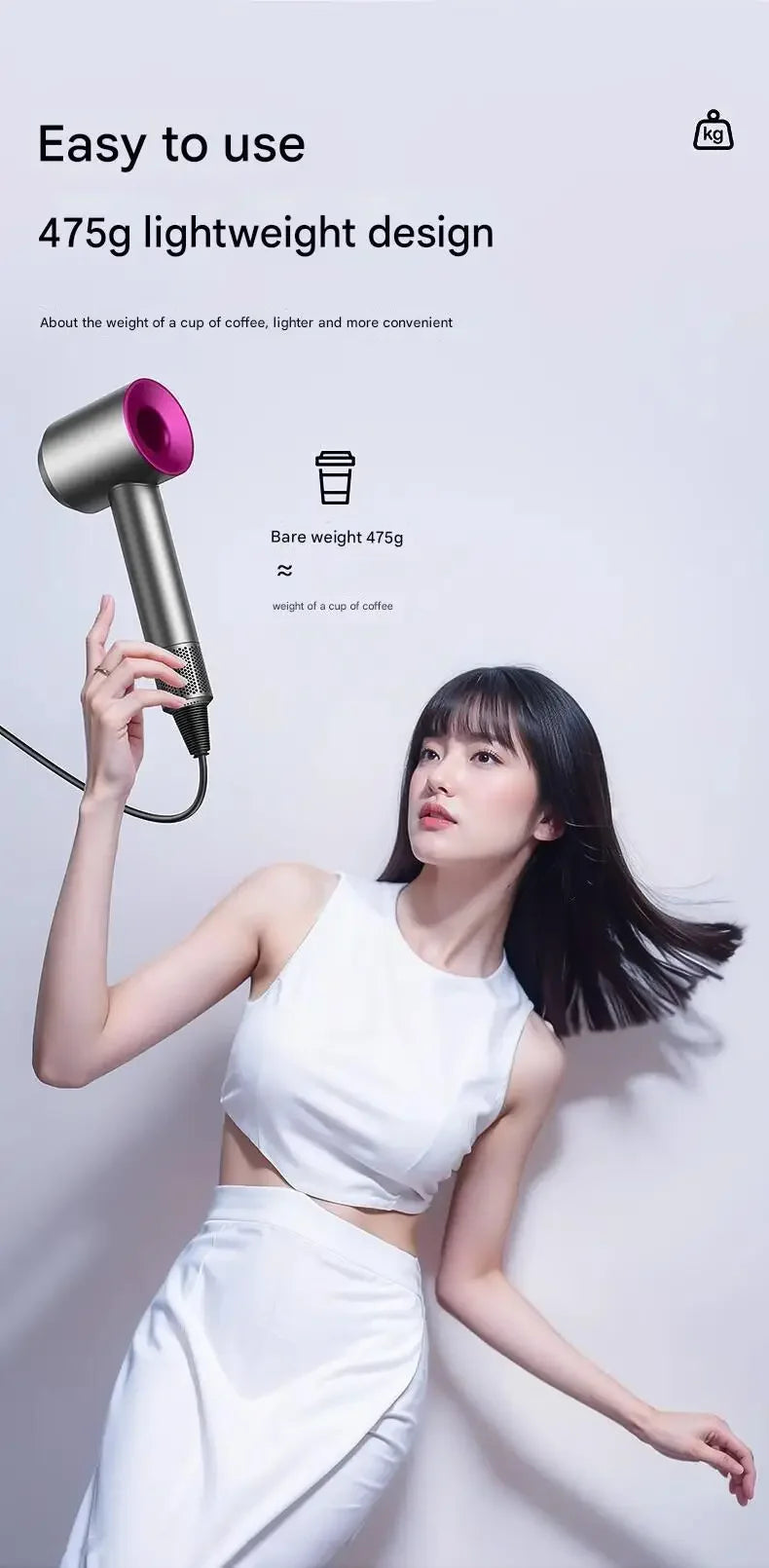 Lightweight 475g ionic hair dryer in silver and pink, professional 5-in-1 styling tool for effortless blowouts.
