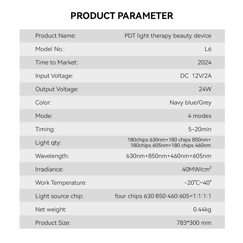 Product parameter table for the L6 PDT light therapy beauty device featuring technical specifications and features.