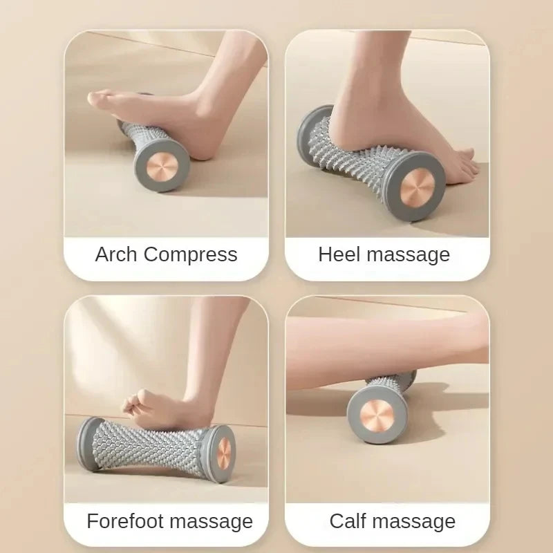 Grey plastic manual foot massage roller for plantar fasciitis, arch, heel, and calf muscle relaxation therapy.