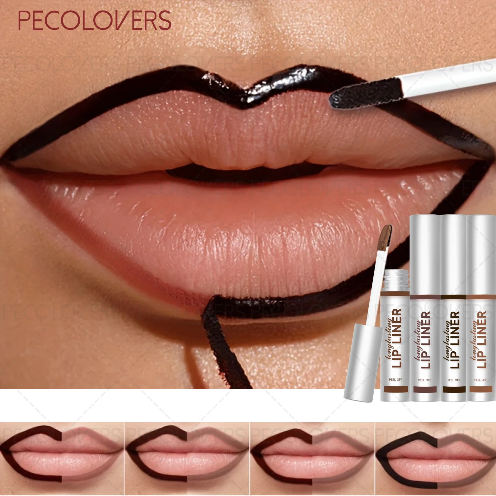 Waterproof peel-off lip liner applied to create a defined, long-lasting matte lip contour and custom lip shape.