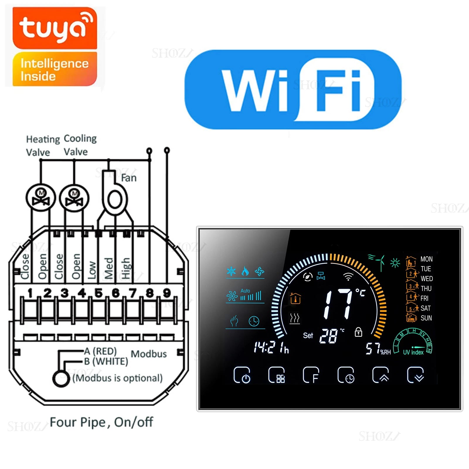 Wifi/RS485/Zigbee Thermostat Air Conditioning 3 Fan Coil Unit Home Cooling/Heating 2/4 Pipe Temperature Controller with Alexa