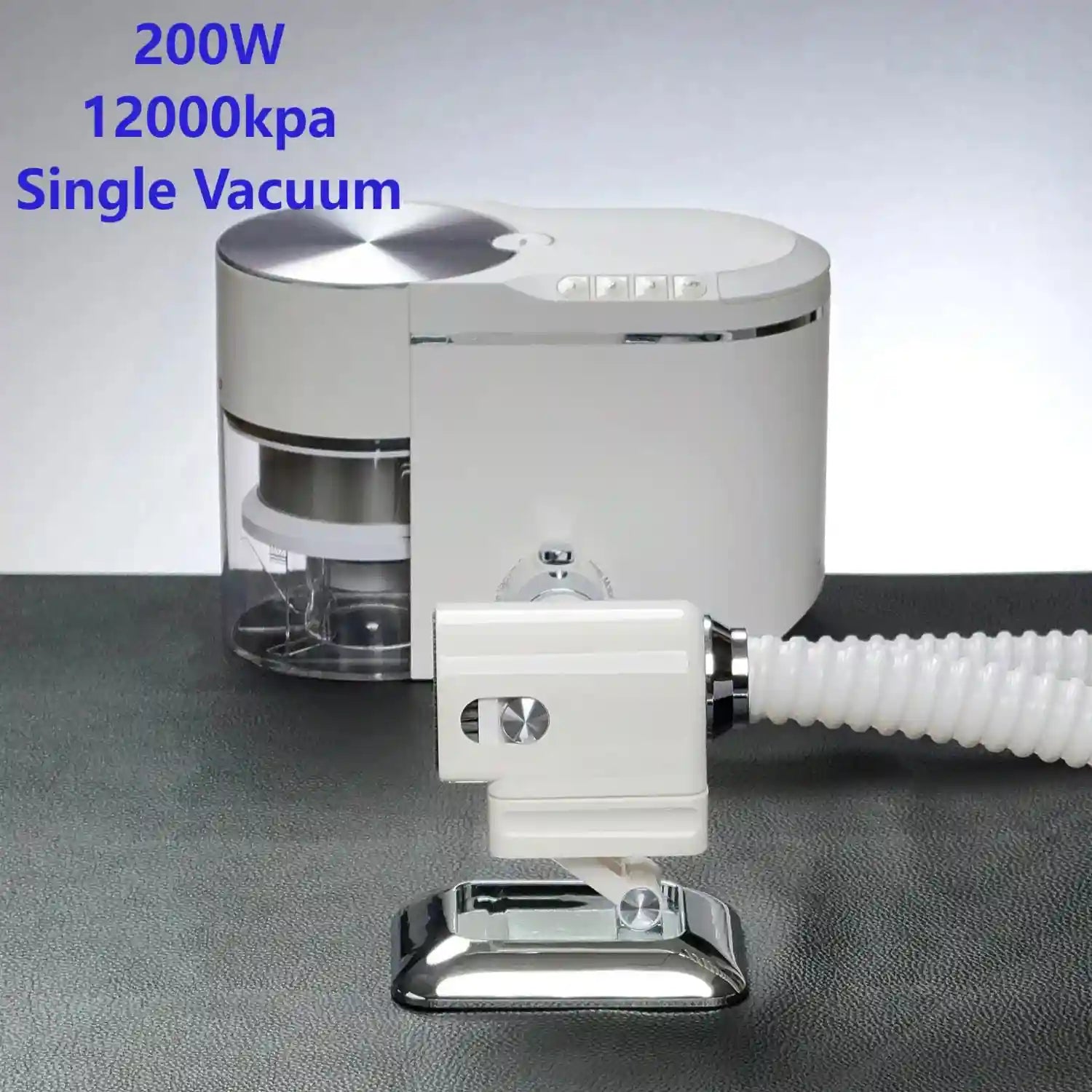 White 200W mini nail art dust vacuum with strong suction, built-in filter, and flexible hose for home salon use.